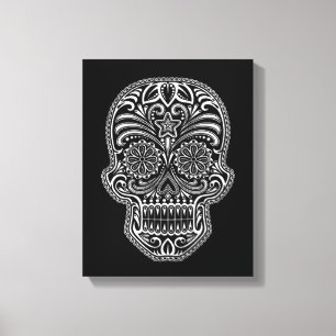 Intricate White Sugar Skull on Black Canvas Print