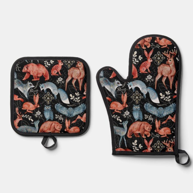  Intricate woodland animals pattern Oven Mitt & Pot Holder Set (Front)