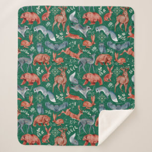 Intricate woodland animals pattern Sherpa Blanket