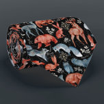Intricate woodland animals pattern Tie<br><div class="desc">Illustrated woodland animals in red and blue,  including foxes,  bears,  owls,  and deer,  are adorned with intricate patterns on a black background.</div>
