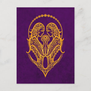 Intricate Yellow Gemini Zodiac on Purple Postcard