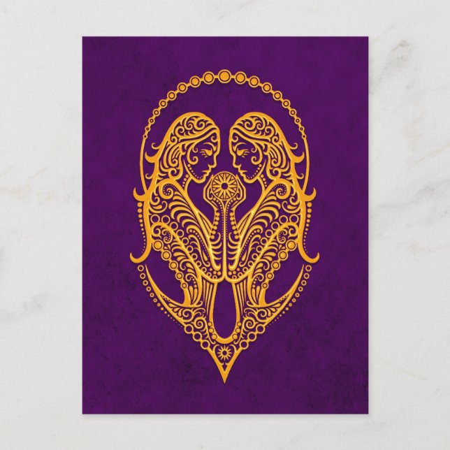 Intricate Yellow Gemini Zodiac on Purple Postcard (Front)