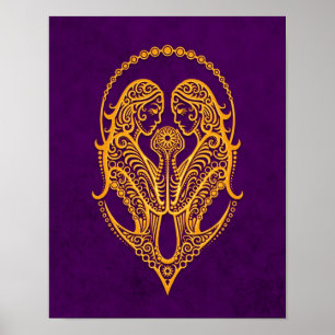 Intricate Yellow Gemini Zodiac on Purple Poster