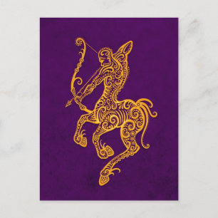 Intricate Yellow Sagittarius Zodiac on Purple Postcard