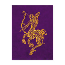 Intricate Yellow Sagittarius Zodiac on Purple