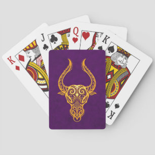 Intricate Yellow Taurus Zodiac on Purple Playing Cards