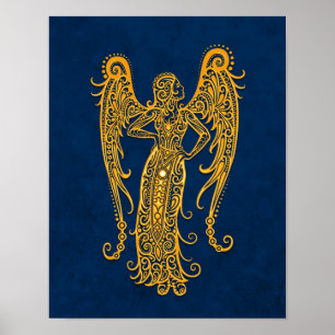 Intricate Yellow Virgo Zodiac on Blue Poster