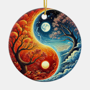 Intricate Yin-Yang Symbol Showcasing Fire, Water Ceramic Tree Decoration