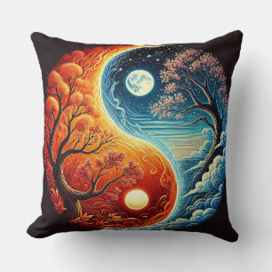 Intricate Yin-Yang Symbol Showcasing Fire, Water Cushion