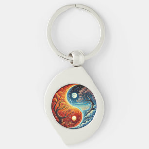 Intricate Yin-Yang Symbol Showcasing Fire, Water Key Ring