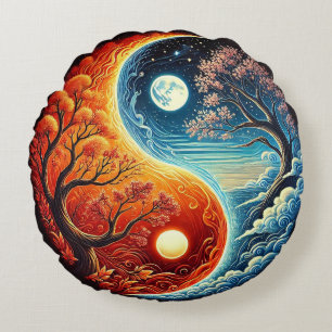 Intricate Yin-Yang Symbol Showcasing Fire, Water Round Cushion