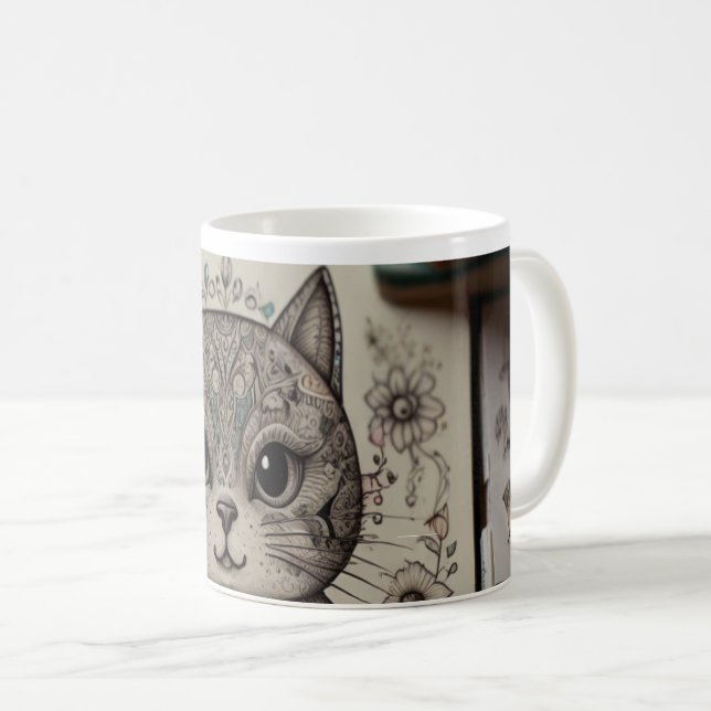 Intricate Zen Cat Mandala Illustrated Coffee Mug (Front Right)