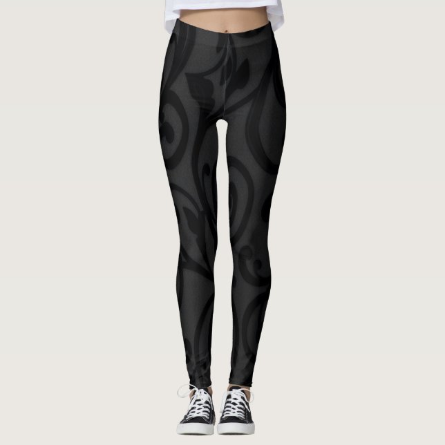 Intricately Swirling Black Abstract Pattern Leggings (Front)