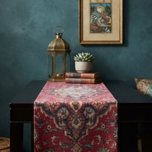 Intricately Woven Persian Rug Red Floral Short Table Runner