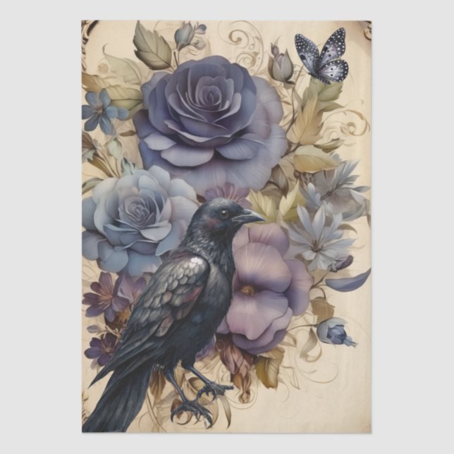 Intriguing Fantasy Gothic Raven & Florals  Tissue Paper (Front)