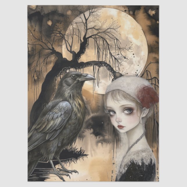 Intriguing Fantasy Gothic Raven & Girl Tissue Paper (Front)