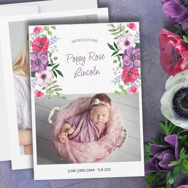 Introducing 2 Photo Purple Pink Flowers Birth Announcement (Creator Uploaded)