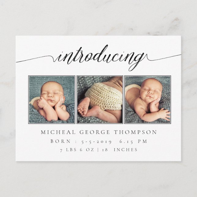 Introducing Baby Birth Announcement 3 Photo (Front)
