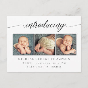 Introducing Baby Birth Announcement 3 Photo Postcard