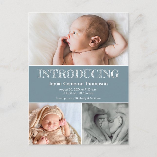 Introducing Baby Birth Announcement Photo Blue (Front)
