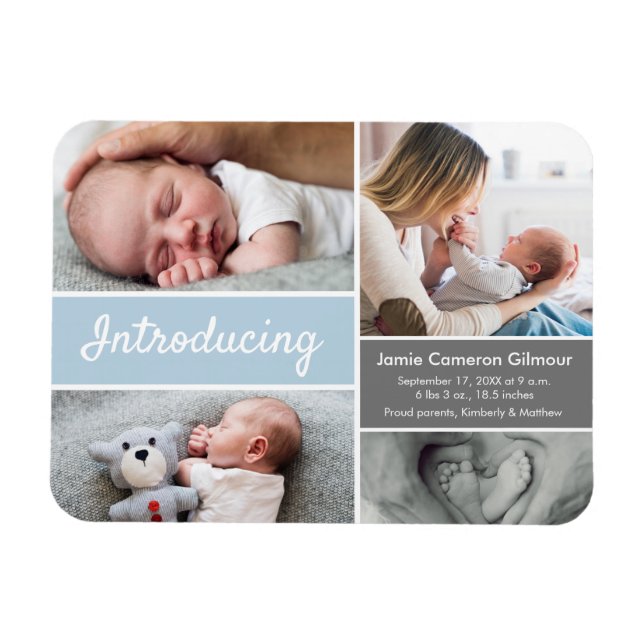 Introducing baby boy photo collage modern blue  magnet (Horizontal)
