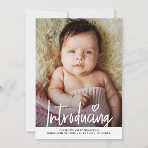  Introducing Baby Girl Photo modern heart script Thank You Card