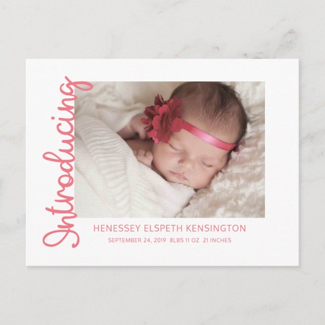 Introducing Baby Girl Sweet Pink Photo Announcement Postcard (Front)