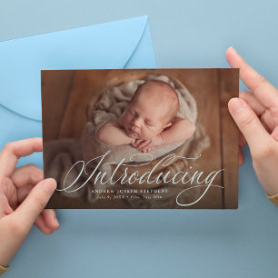 Introducing baby one photo elegant blue birth announcement