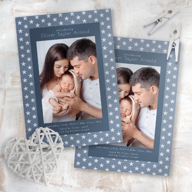 Introducing Baby Photo Blue Stars Birth Announcement (Creator Uploaded)