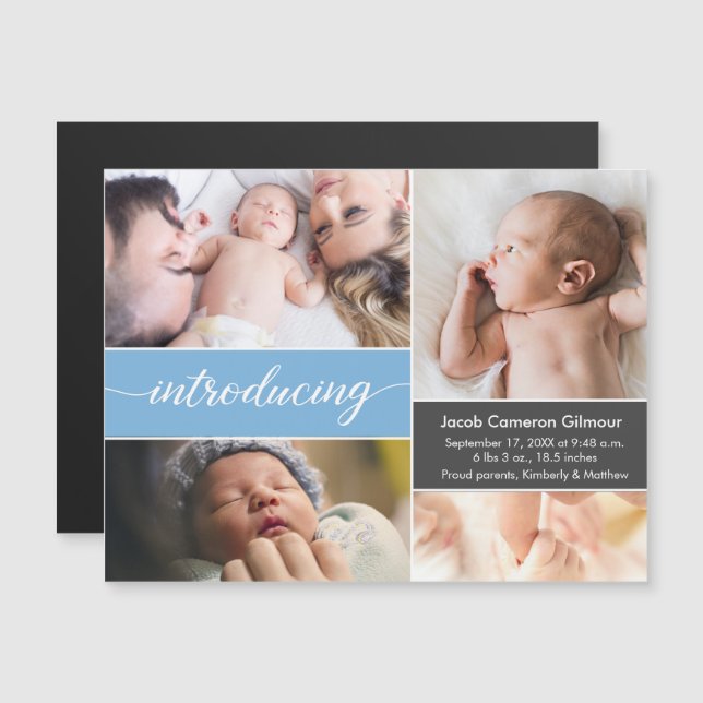 Introducing Blue Custom baby boy photos Birth  Magnetic Invitation (Front/Back)