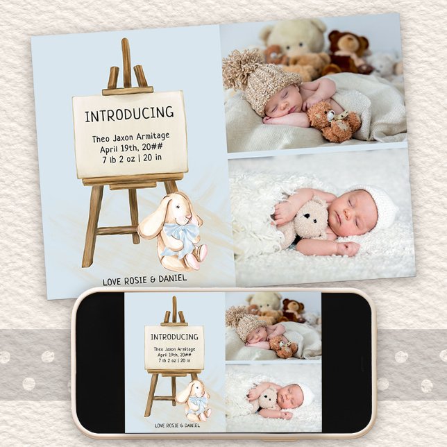 Introducing Easel and Bunny 2 Photo Baby Boy Birth Announcement (Photo Birth Announcement with cute bunny design. Buy printed or as printable digital download)