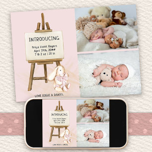 Introducing Easel & Bunny 2 Photo Baby Girl Birth Announcement