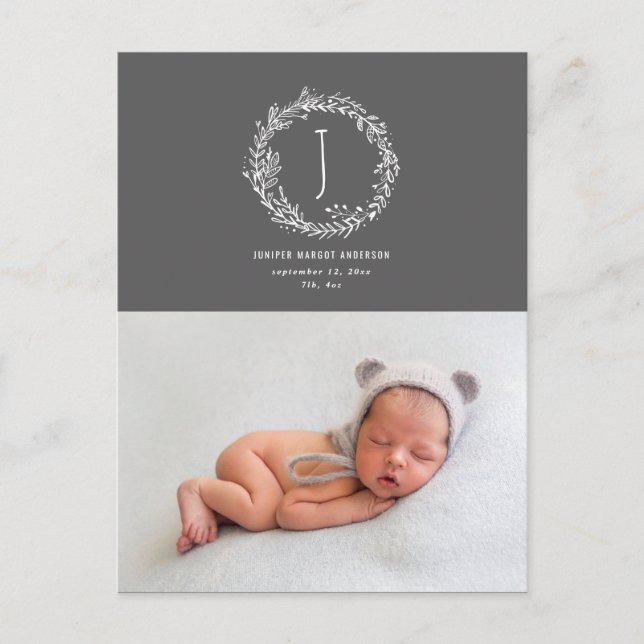 Introducing floral wreath photo birth announcement postcard (Front)
