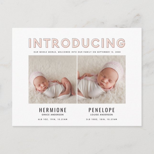 Introducing graphic modern twin birth announcement (Front)