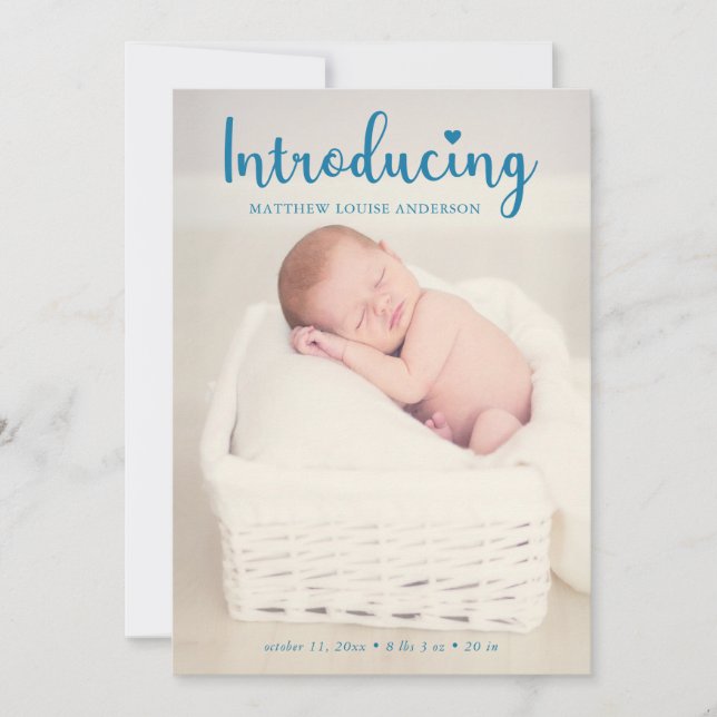 Introducing Hand Lettering Blue Baby Boy Elegant Announcement (Front)