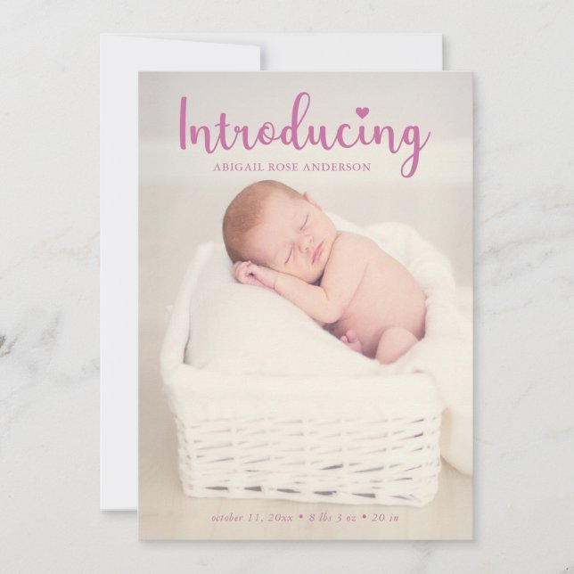 Introducing Hand Lettering Pink Baby Girl Elegant Announcement (Front)