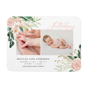 Introducing multi photo blush pink floral birth an magnet