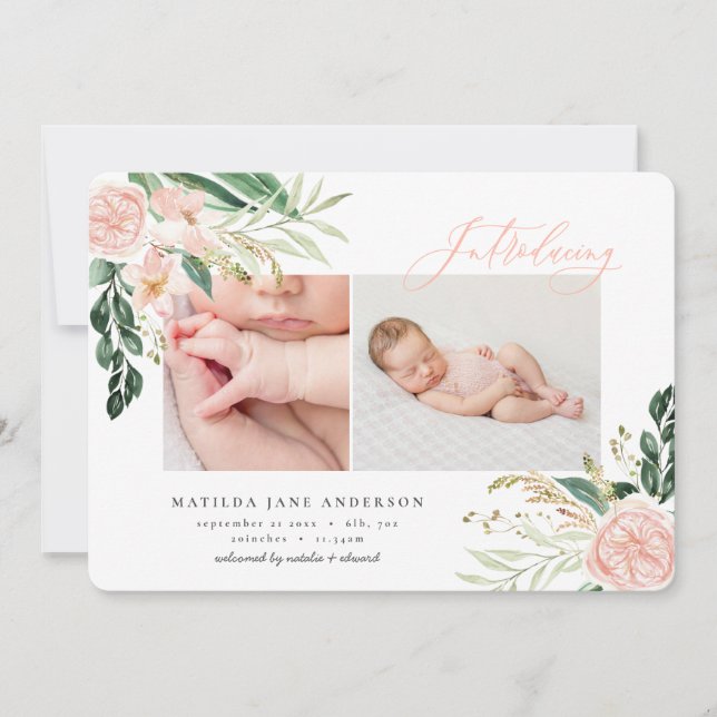 Introducing multi photo blush pink floral birth announcement (Front)