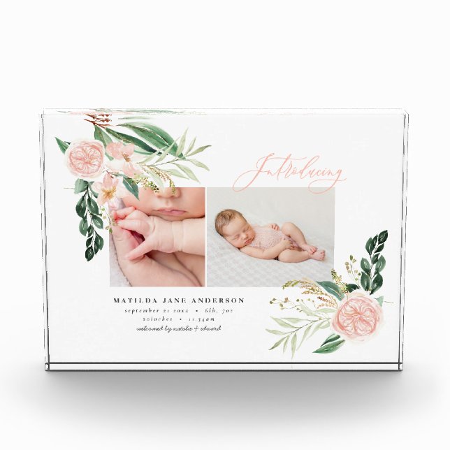 Introducing multi photo blush pink floral birth  block (Front)