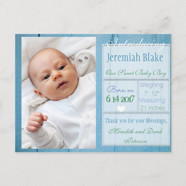 Introducing New Baby Boy Announcement Postcard (Front)