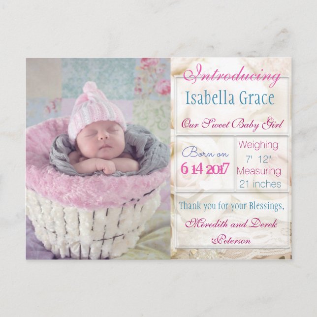 Introducing New Baby Girl Announcement Postcard (Front)