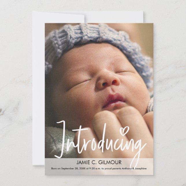 Introducing New Baby Modern Script Custom Photo Thank You Card (Front)