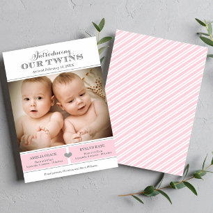 Introducing Our Twin Girls Pink Photo Birth Announcement