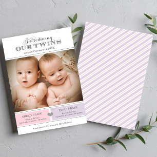 Introducing Our Twin Girls Pink Purple Photo Birth Announcement