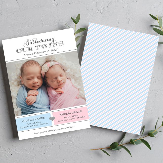 Introducing Our Twins Boy Girl Blue Pink Photo Announcement (Creator Uploaded)