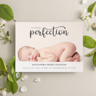 Introducing Perfection Simple Script Photo Birth Announcement