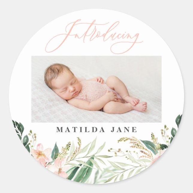 Introducing photo blush floral birth announcement classic round sticker (Front)