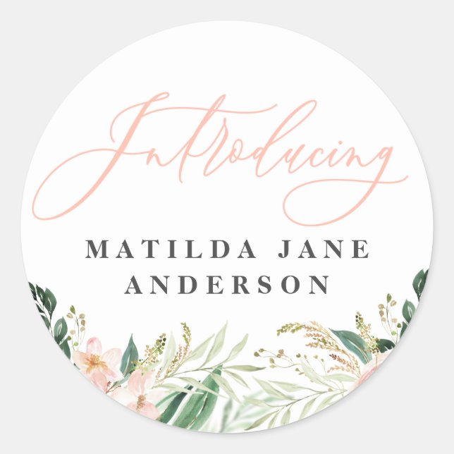 Introducing photo blush floral birth announcement classic round sticker (Front)