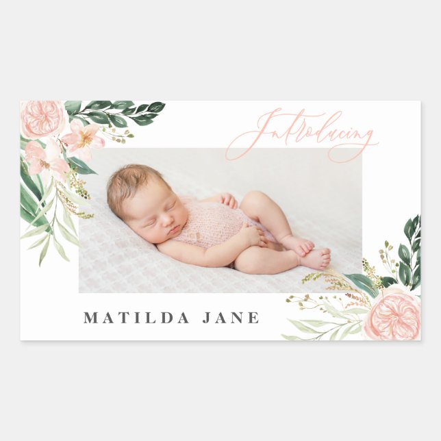 Introducing photo blush floral birth announcement rectangular sticker (Front)