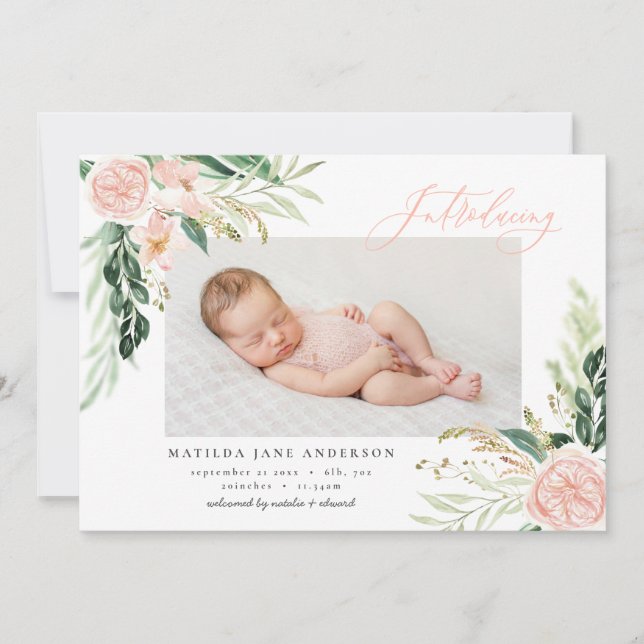 Introducing photo blush pink floral birth announcement (Front)